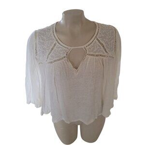 LUCKY BRAND White Gauzy Lace Embrodered Short‎ Sleeve Top S boho Chic hippie